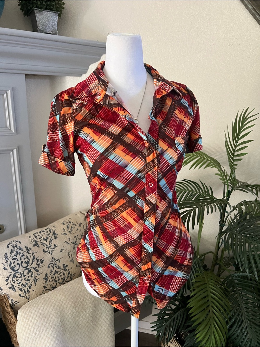 Weavers Vintage Plaid Short-Sleeve Button-Down Shirt - Red, Orange, Turquoise - Picture 1 of 8